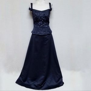 Vintage 1980s Mori Lee Blue Satin Floral Embroidered Maxi Peplum Dress 8